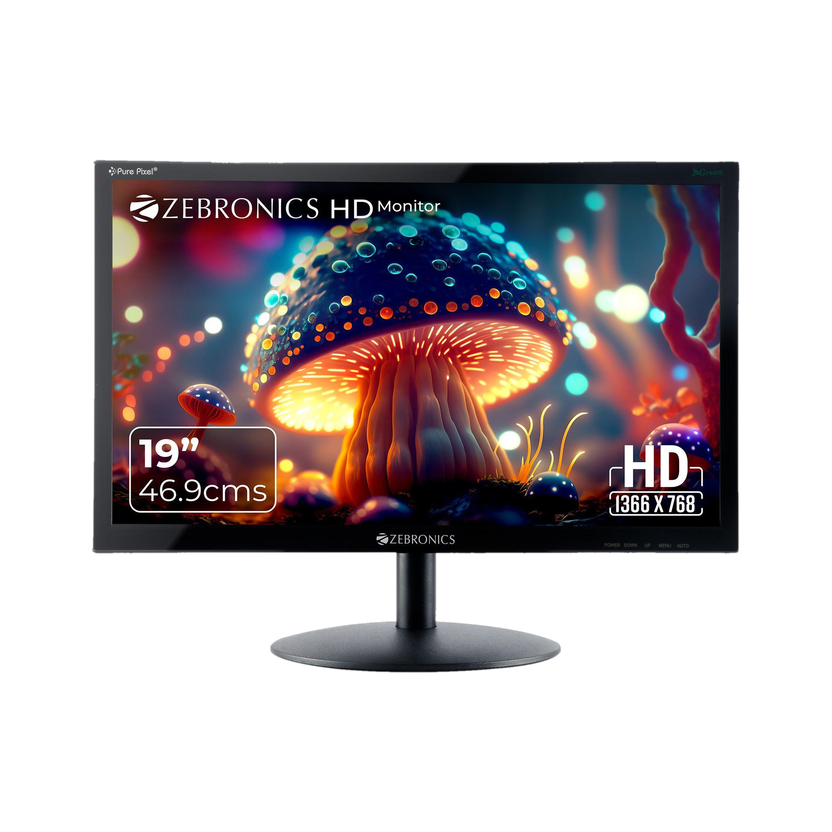 ZEBRONICS V-Series 46.99 cm (19 inch) HD LED Backlit TN Panel HDMI, VGA Input, HD 1366 x 768, 16.7M Colors, Glossy Panel, Slim Design, Wall Mountable Monitor (ZEB-V19HD LED)(Response Time: 8 ms, 60 Hz Refresh Rate)