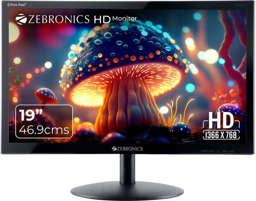 ZEBRONICS 46.99 cm (19 inch) HD LED Backlit TN Panel HDMI, VGA Input, HD 1366 x 768, 16.7M Colors, Glossy Panel, Slim Design, Wall Mountable Monitor (ZEB-V19HD LED)(Response Time: 8 ms, 60 Hz Refresh Rate)