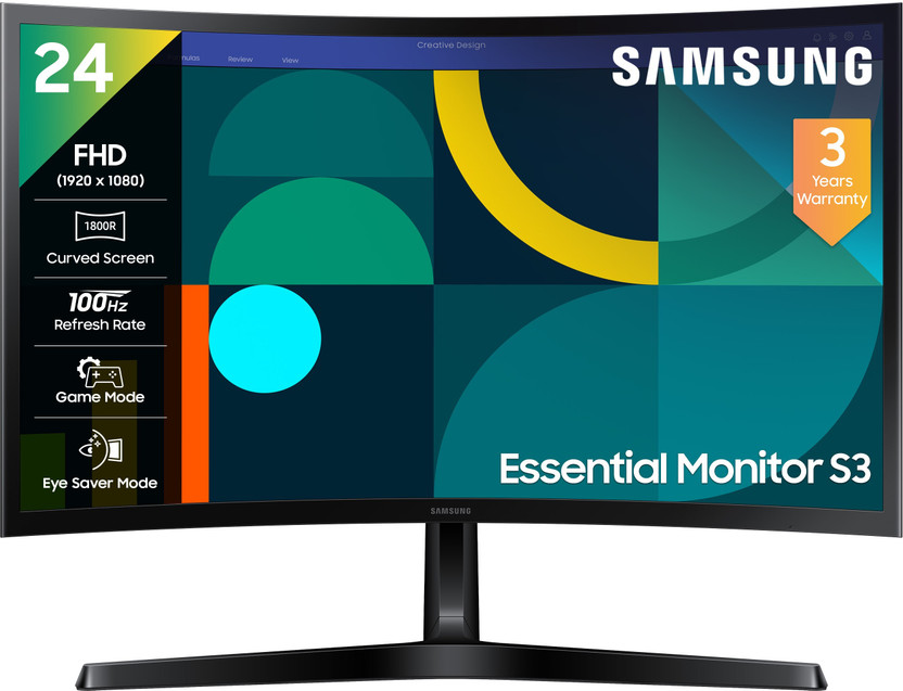 Samsung Essential Monitor S3 59.8 cm (24 inch) Curved Full HD LED Backlit VA Panel Gaming Monitor (24" FHD Curved Monitor LS24D368GAWXXL, Black)(Response Time: 4 ms, 100 Hz Refresh Rate)
