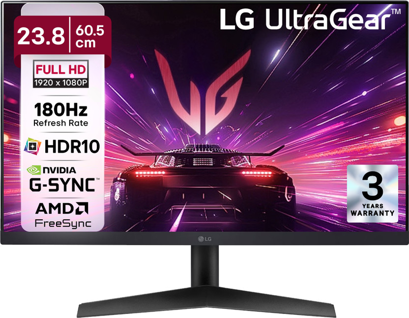 LG UltraGear 60.96 cm (24 inch) Full HD IPS Panel with HDR10, NVIDIA G-SYNC Comaptible, Tilt-able Stand, 3-side virtually borderless design Gaming Monitor (24GS60F-BB.ATREMVN)(AMD Free Sync, Response Time: 1 ms, 180 Hz Refresh Rate)
