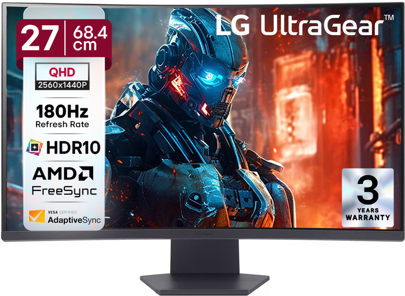 LG UltraGear 68.58 cm (27 inch) Curved Quad HD VA Panel with 1000R Curvature, HDR10, HDMI x 2, DisplayPort, Black Stabilizer Dynamic Action Sync, Crosshair FPS Counter, Borderless Design Gaming Monitor (27GS60QC-BB.CTRRMV)(AMD Free Sync, Response Time: 1 ms, 180 Hz Refresh Rate)