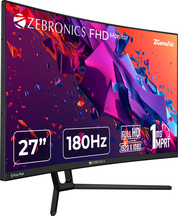 ZEBRONICS 68.58 cm (27 inch) Full HD VA Panel with 1500R Curvature, 300 Nits Brightness, HDR10, 99% sRGB, 1 x DP, 1 x HDMI, 1 x 3.5mm anti-glare Display Gaming Monitor (ZEB-IGM 103, ZEB-N27B)(Adaptive Sync, Response Time: 1 ms, 180 Hz Refresh Rate)