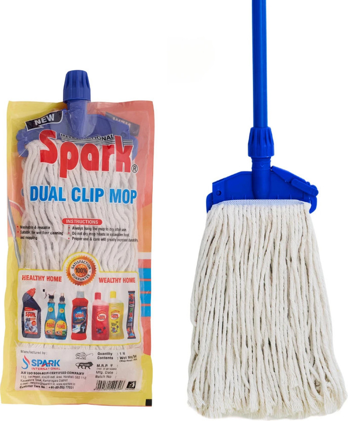 Spark International Dual Clip Mop | 100% Pure Cotton | Stainless Steel Handle | Easy Floor Cleaning Mop Rod(White)