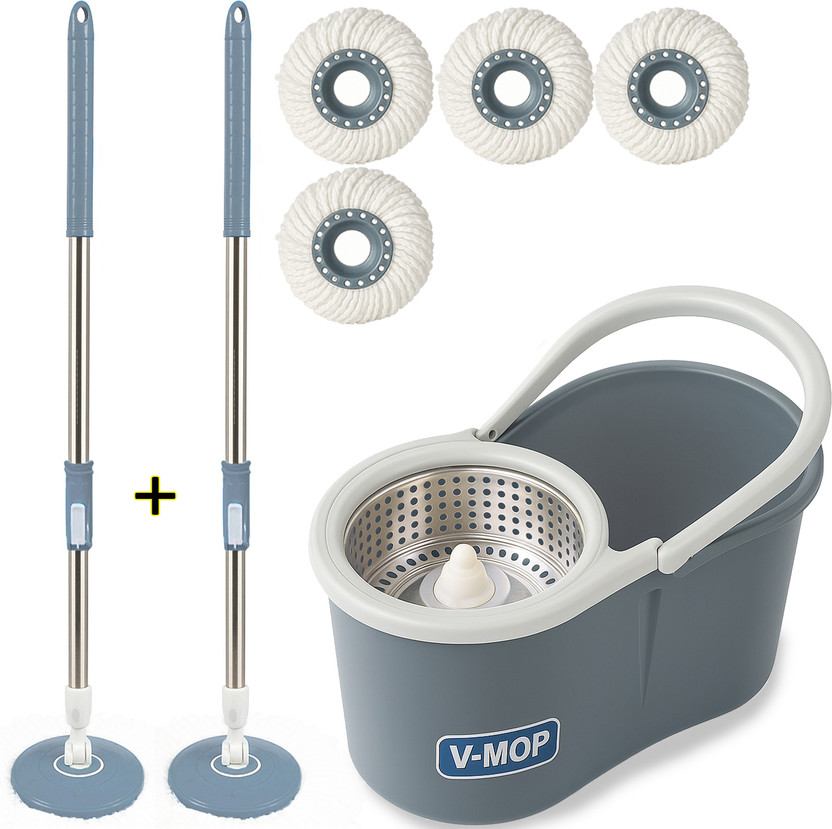 V-MOP Premium Spin magic Bucket Mop With 2 Rod & 4 Refills for home cleaning Mop Set