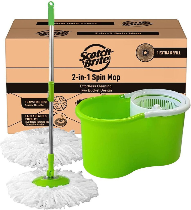 Scotch-Brite 2-in-1 Bucket Spin Mop (2 Refills, 4 Pcs) Mop Set(Green)