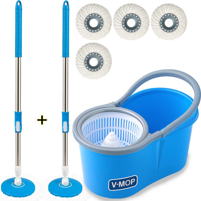V-MOP Premium Blue Spin magic Bucket Mop With 2 Rod & 4 Refills for home cleaning Mop Set