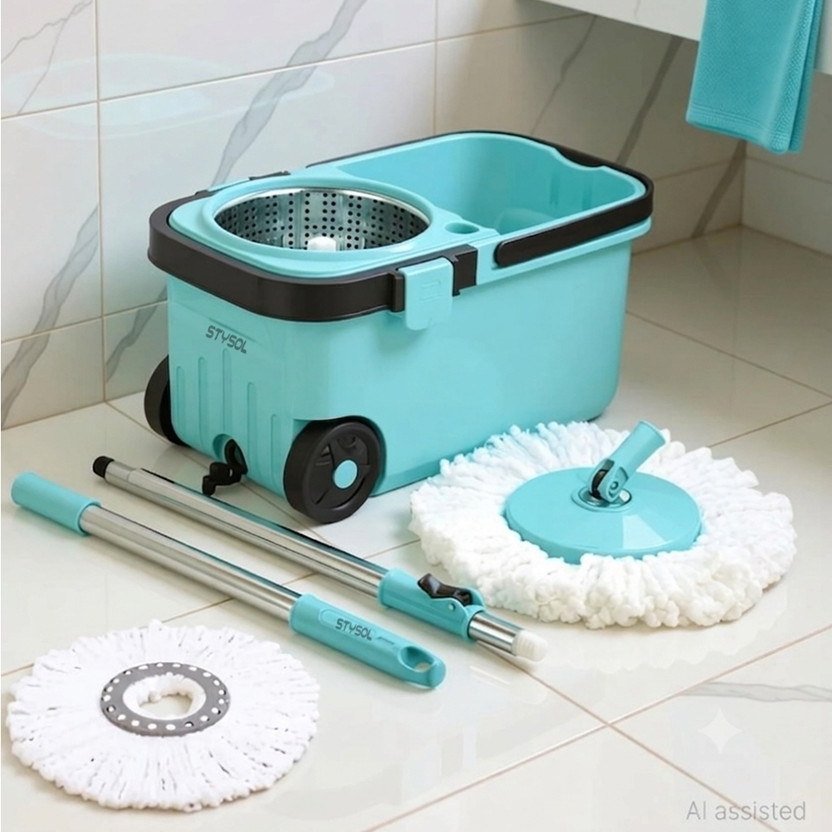 Stysol SPINNER BUCKET MOP 360 REVOLVING CLEANING MOP WITH 2 MICROFIBER REFILL Mop Set(Blue)