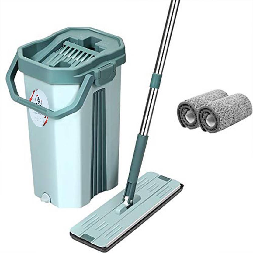 UPC Upgraded Hands Free Squeeze Microfiber Flat Spin Mop 360° Flexible Head Green Mop Set