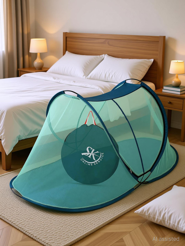 SK Online Services Foldable Single Bed Mosquito Net with cloth base /Portable single bed mosquito net with large zippers for easy entrance and exit (Dark Green) Polyester Washable Adults Mosquito Net(Dark Green, Tent)