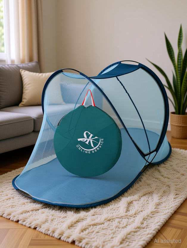 SK Online Services Attractive Sleeping Single Bed Mosquito Net With Cloth Base/ Portable Single Bed Mosquito Net With Large Zippers For Easy Entrance And Exit (Blue) Polyester Washable Adults Mosquito Net(Blue, Tent)