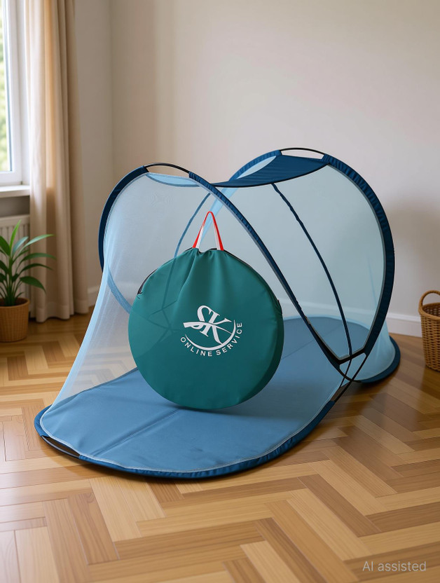 SK Online Services Polyester Adults Single Bed Foldable Mosquito Net, Macchardani with Cloth base (Size:L x W X H : 7 x 3.5 x 3.16 Feet) Two Side Slider Gate with high Quality Zip Polyester Washable Adults Mosquito Net(Blue, Tent)