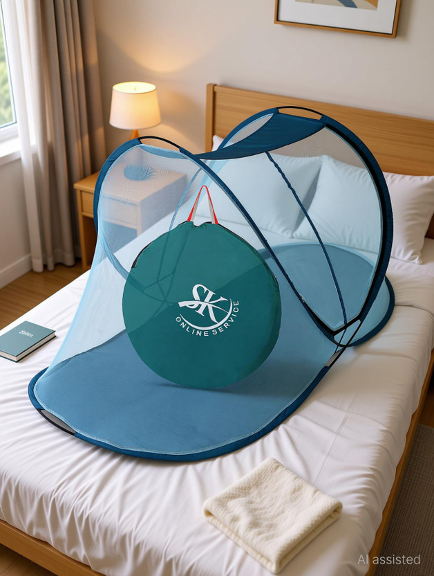 SK Online Services Polyester Adults Washable Foldable Single Bed Mosquito Net with cloth base Polyester Washable Adults Mosquito Net(Blue, Bed Box)