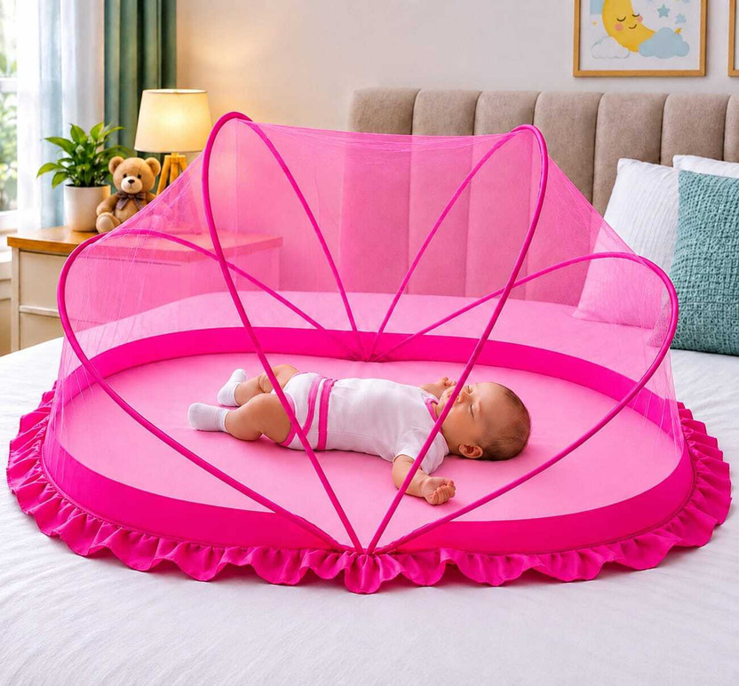AasthaNet 0-36 Month Baby Mosquito Net for Foldable Pop-Up Infant Net,Portable Breathable HDPE - High Density Poly Ethylene Washable Kids Mosquito Net(Pink, Tent)
