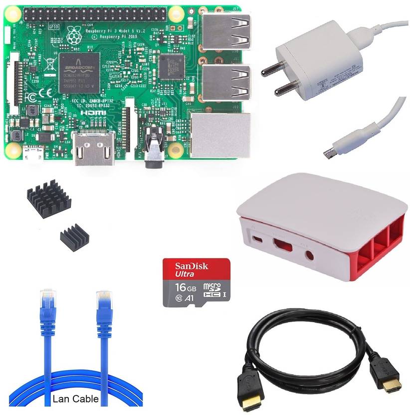 Raspberry Pi 3 Model B Kit with Adapter Case LAN-HDMI Cable HeatSink SD ...