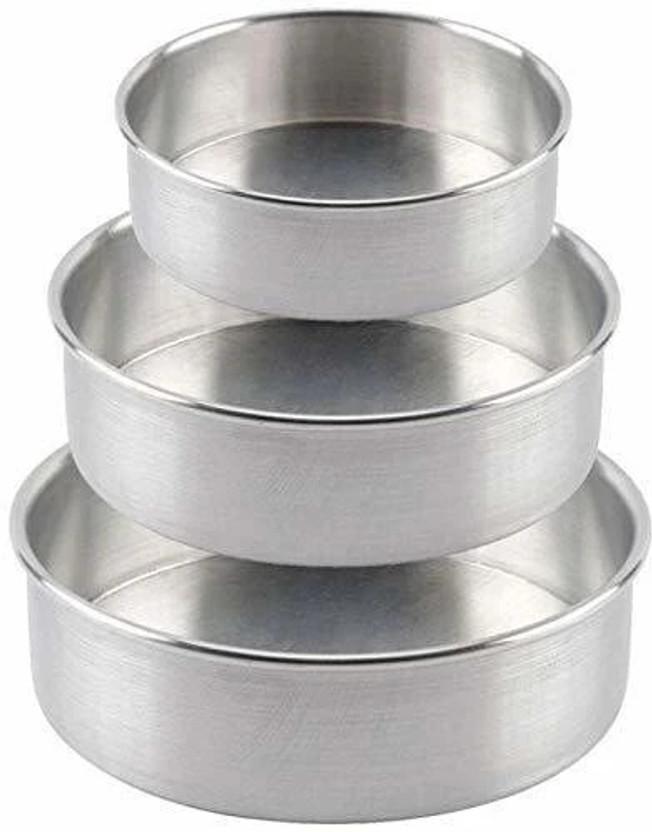 Msquare Supplies Aluminium Cake Mould Aluminium Baking Round Cake Pan/Mould for Microwave Oven - 6", 7", 8" Diameter x 2.25" Height for 0.5/1/2 kg, Silver (Set of 3 Pieces) (Round)(Pack of 3)