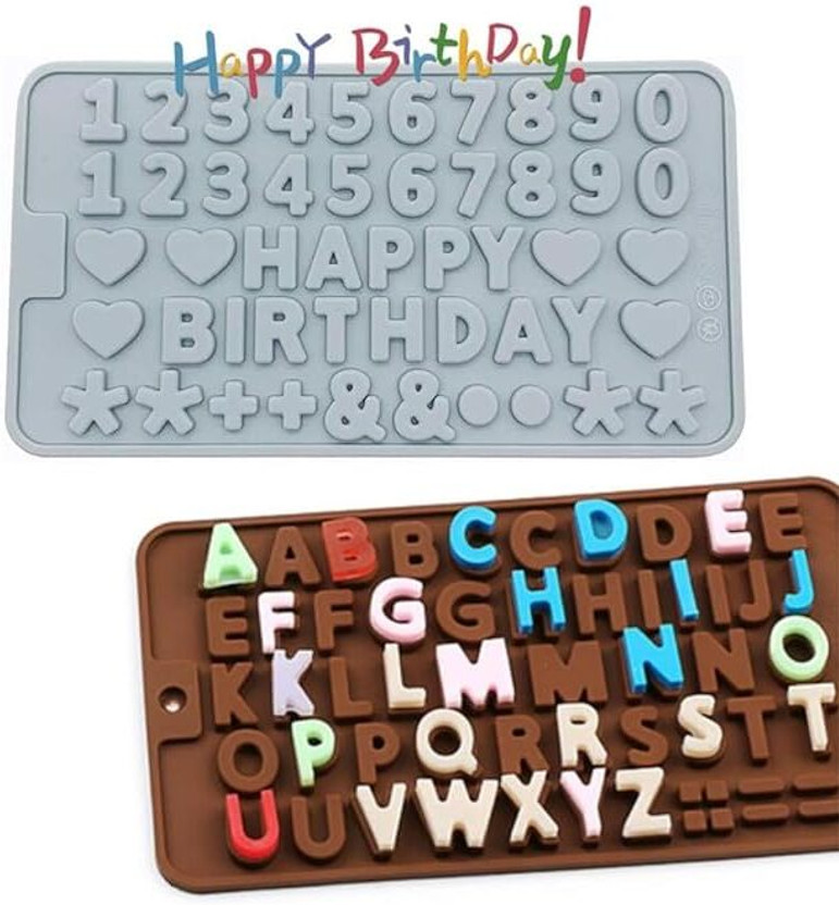 MARHABA TRADERS Silicone Fondant & Gum paste Mould LEGACYCART Silicone Alphabet Mould, Numbers Mold, 2 Pcs Non-Stick Baking Mold Silicone Aphabet Letter Mold and Number Chocolate Molds with Happy Birthday Cake Decorating, Jelly Candy, Gummy Mould(Pack of 1)