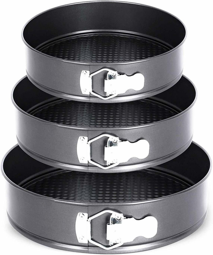 Drunna Teflon Coated Spring Form Set of 3 Round Cake Mould for Baking Non Stick Cake Tins/Pan/Tray for Microwave Oven, and Cooker Carbon Steel Cake Mould 1(Pack of 3)