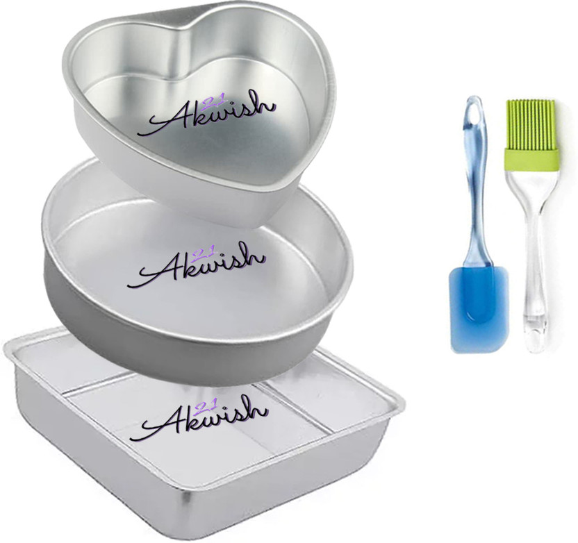 Akwish Akwish Aluminium Cake Mould Heart /Round/Square Shape Aluminium Cake Mould / Cake pans + cake baking set(Pack of 3) - Flipkart Deal
