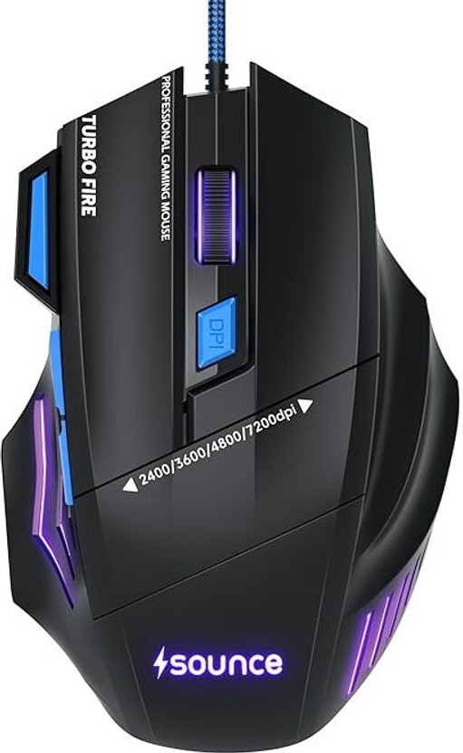 sounce Apex Wired Ergonomic Optical  Gaming Mouse with 7200 DPI Precision Optical Sensor, 7 Programmable Buttons, RGB LED Modes, Braided Cable and� � Comfortable Design(USB 3.0, Black)