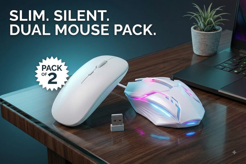 ABC ABC Wireless Mouse Combo Pack of 2 - RGB Gaming & Silent Click Ergonomic Mouse Right Handed Optical  Gaming Mouse(2.4GHz Wireless, USB 2.0, USB 3.0, White) - Flipkart Deal