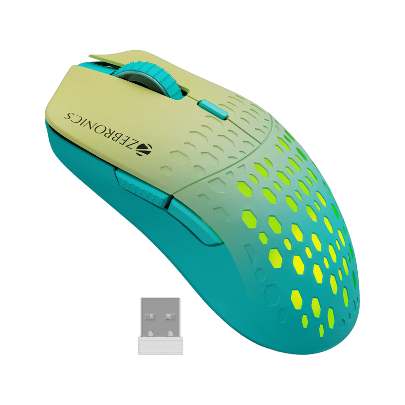 ZEBRONICS Marine Ambidextrous Optical Mouse Rechargeable, 3200DPI, 6 Buttons, RGB, Ergonomic Design(2.4GHz Wireless, Bluetooth, Green)