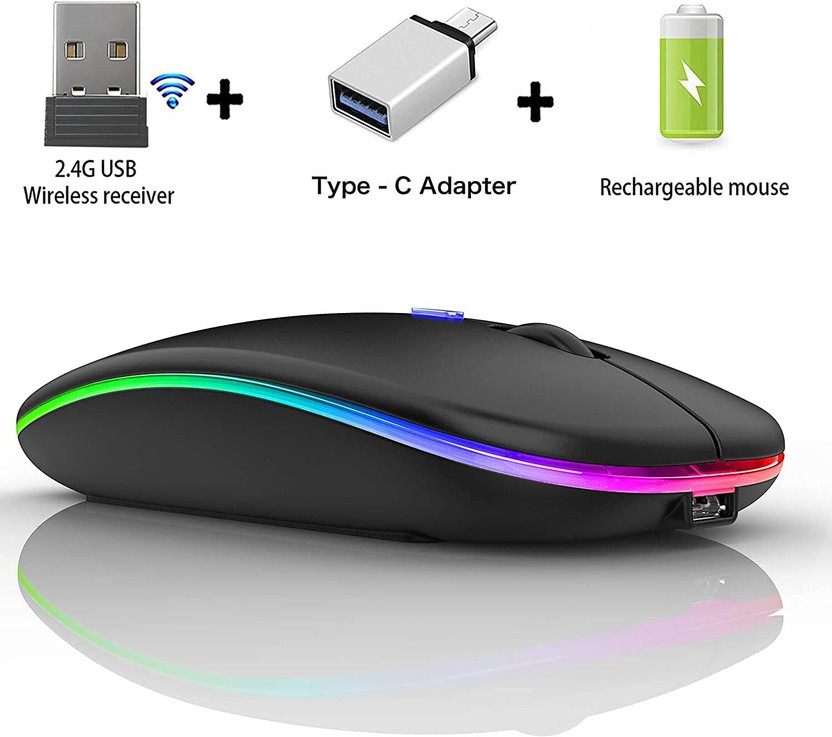 Libra LED Rechargeable Wireless Mouse, 2.4G Portable USB Mouse Ambidextrous Optical  Gaming Mouse With Bluetooth(2.4GHz Wireless, Black)