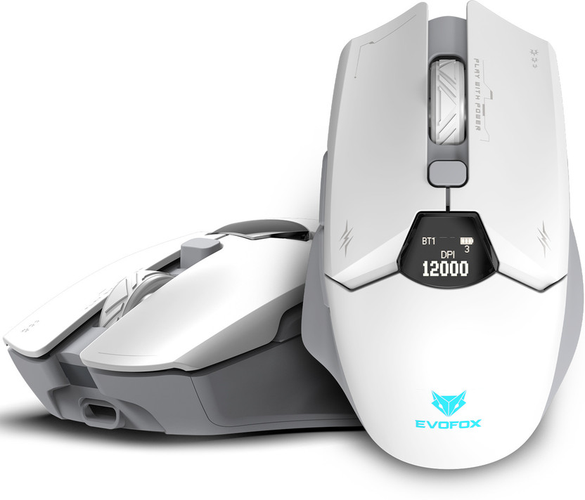 EVOFOX Banshee 2 Ergonomic Optical  Gaming Mouse Tri-Mode 12000 DPI Pixart Sensor LCD Display Programmable(2.4GHz Wireless, Bluetooth, Type C, White)