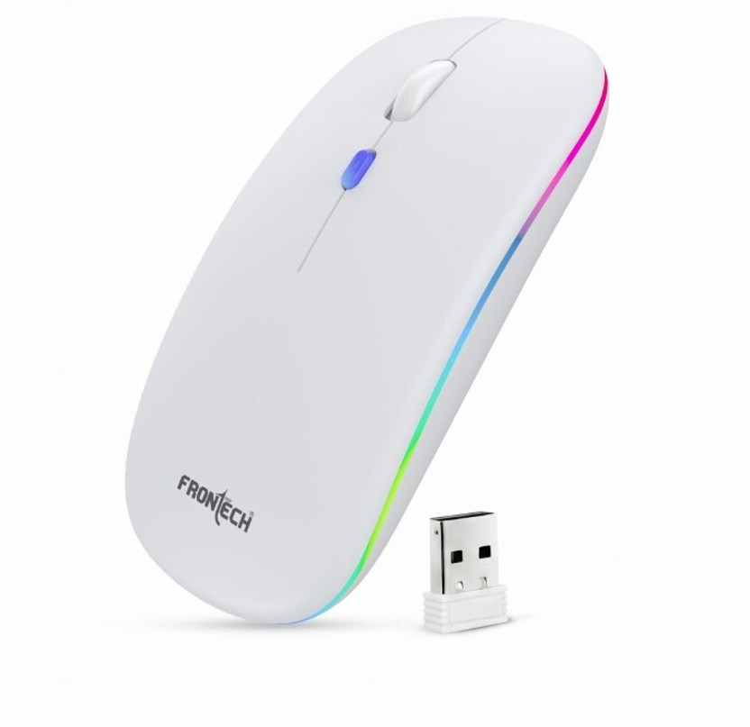 Frontech Dual Connectivity Wireless Mouse | RGB | 1600 DPI | 400mAh Rechargeable Battery Ambidextrous Optical Mouse(2.4GHz Wireless, Bluetooth, White)