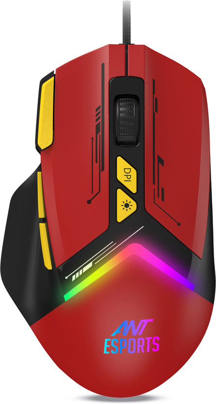Ant Esports GM333 Wired Ergonomic Optical  Gaming Mouse RGB 12800 DPI,1.5M Braided Cable(USB 2.0, Black/Red/yellow)