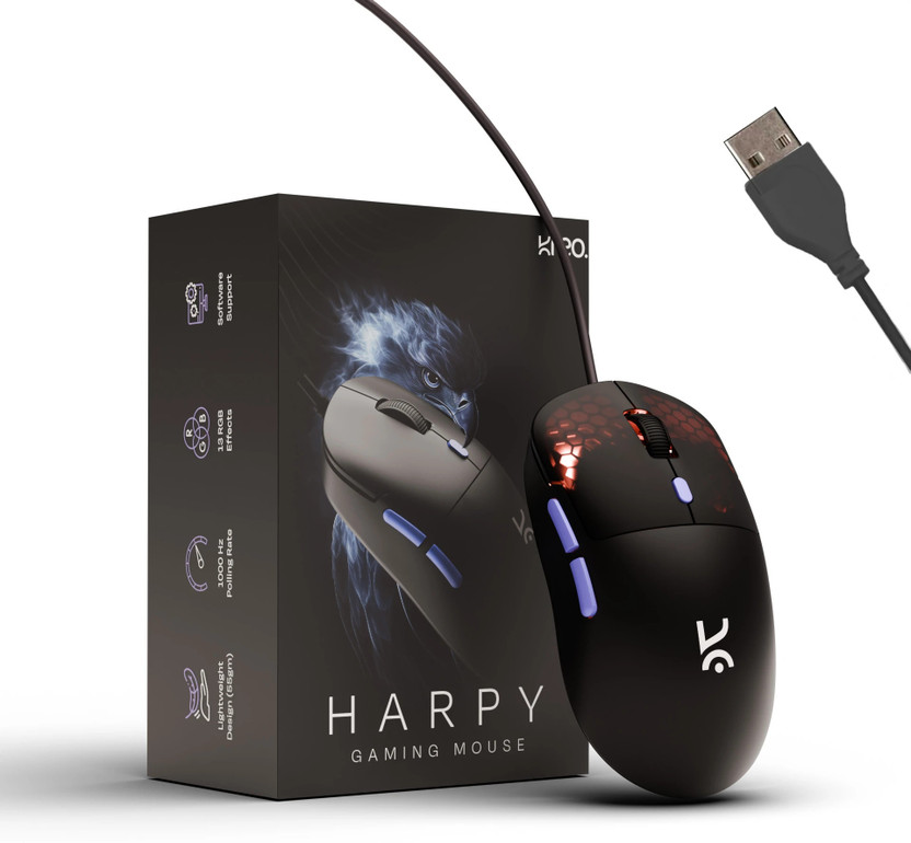 Kreo Harpy Wired Right Handed Mechanical  Gaming Mouse 55g Ultra-Light Customizable RGB light, 1000Hz, 12800DPI(USB 2.0, Black, Purple)