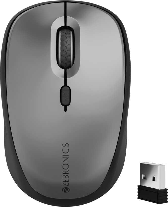 ZEBRONICS Pulse Ergonomic Optical Mouse 1600 DPI, 4 Buttons, Silent Operation, USB Dongle(2.4GHz Wireless, Bluetooth, Grey + Black)