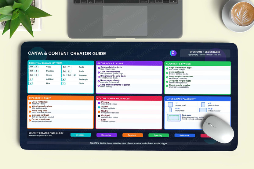 TURTLEWINGS Canva Content Creator Design Guide XL Desk Mat with Anti-Slip Rubber Base Non Slip Base Mousepad(Canva)