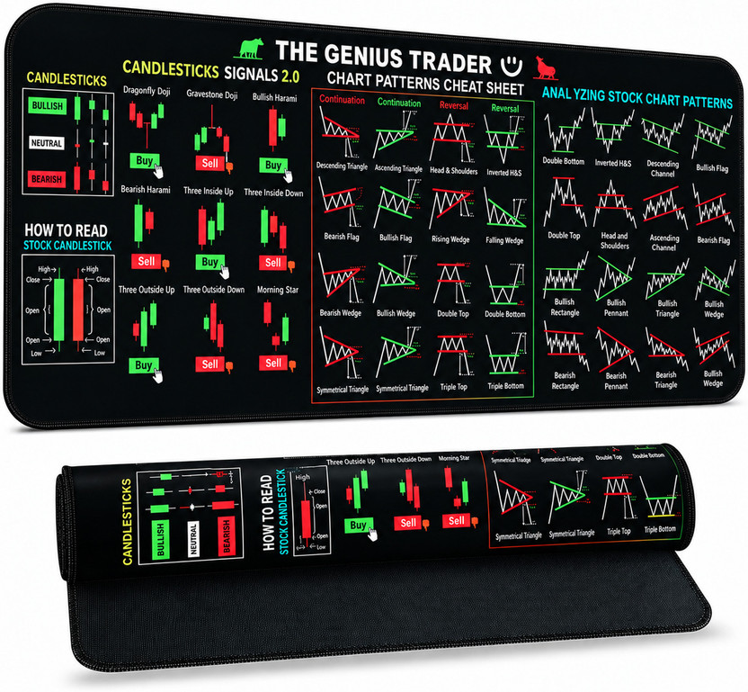 Mokleva Stock Market Trading Desk Mat with Chart Patterns & Candlestick Guide for Office Non Slip Base Mousepad(Black)