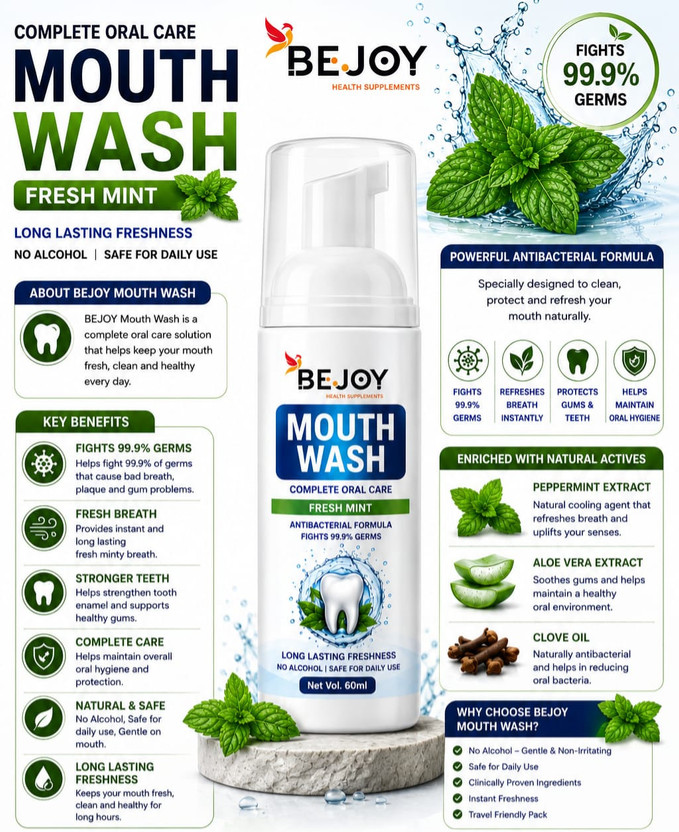 Bejoy Fresh Mint Mouth Wash Antibacterial Formula Complete Oral Care - mint(60 ml)