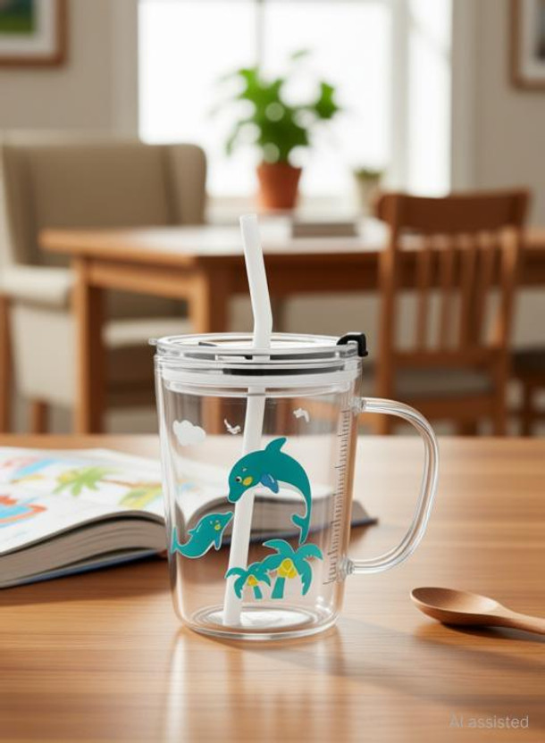 Windson store fish Print Milk Glass Cup for Kids with Handle Glass Water/Juice Glass(350 ml, Glass, Clear)