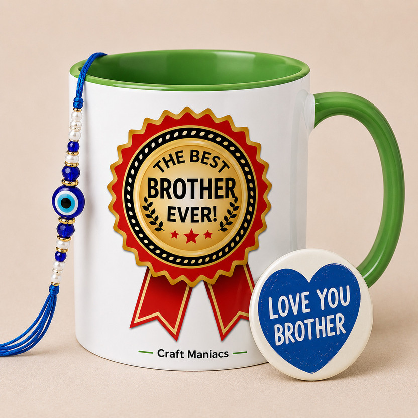 craft maniacs MEDAL 330 ML GREEN RIM MUG WITH RAKHI & BADGE FOR BEST BROTHER Ceramic Coffee Mug(350 ml, Pack of 3)