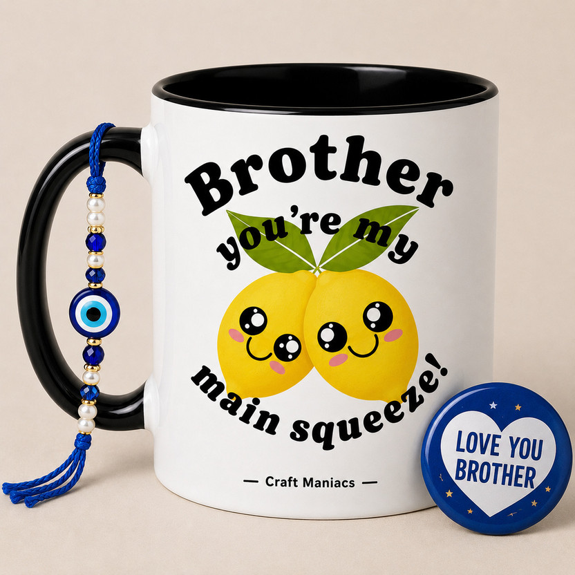 craft maniacs MAIN SQUEEZE 330 ML BLACK RIM MUG WITH RAKHI & BADGE FOR BEST BROTHER Ceramic Coffee Mug(330 ml, Pack of 3)