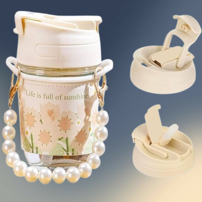ishkrish enterprise Floral Print Glass Drinkware with Straw and Sip Spout Plastic Tumbler(400 ml)