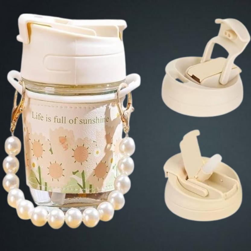 ishkrish enterprise Chic Floral Sleeve Glass Bottle with Pearl Handle Strap Plastic Tumbler(400 ml)