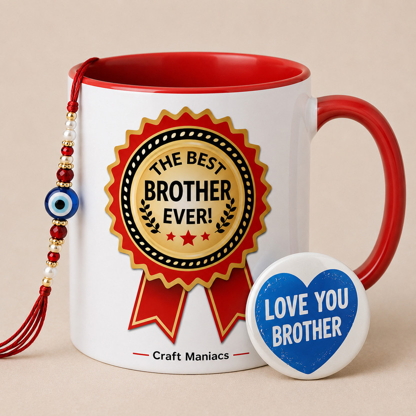 craft maniacs MEDAL 330 ML RED RIM MUG WITH RAKHI & BADGE FOR BEST BROTHER Ceramic Coffee Mug(330 ml, Pack of 3)