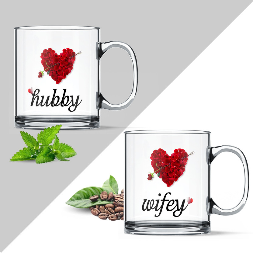 Gift Gift Arcadia Hubby Wifey Printed mug Best Gift For Couple -Set of 2 Glass Coffee 330ml Glass Coffee Mug(330 ml, Pack of 2) - Flipkart Deal