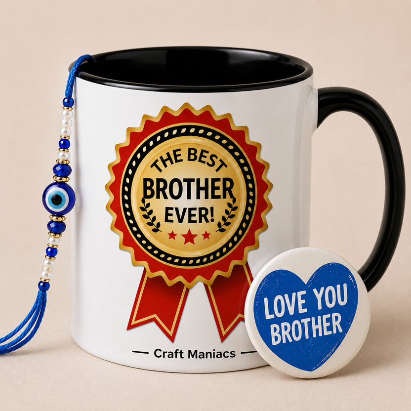 craft maniacs MEDAL 330 ML BLACK RIM MUG WITH RAKHI & BADGE FOR BEST BROTHER Ceramic Coffee Mug(330 ml, Pack of 3)
