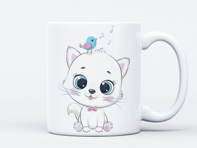 DGG Cute Cat & Bird Printed Ceramic White Perfect Gift for Friends, Family, Kids Ceramic Coffee Mug(330 ml)