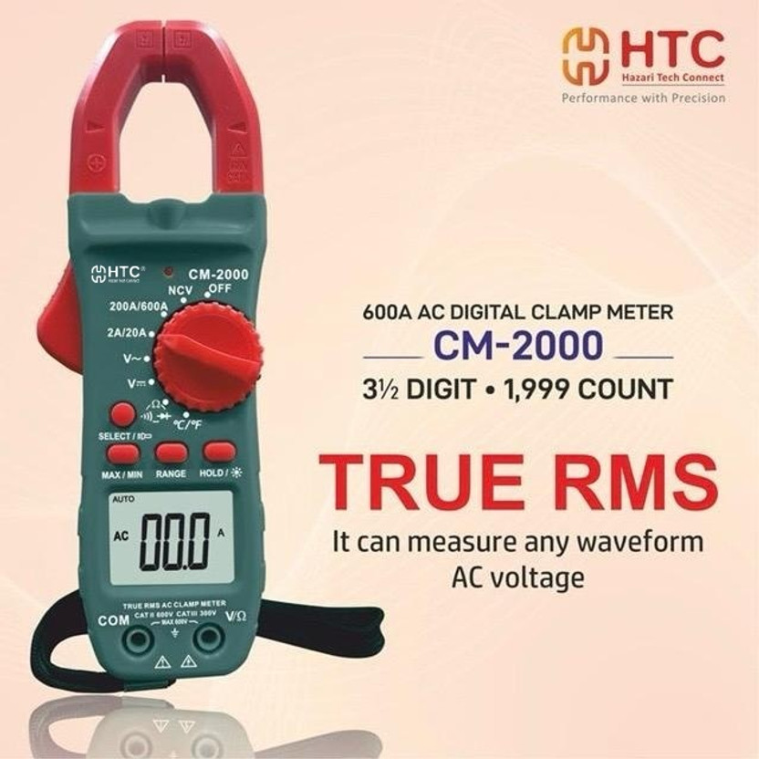 HTY HTC-CM-2000 Non Contact Voltage (NCV) Clamp Torch, True RMS Digital Clampmeter Digital Multimeter(Multicolor 2000 Counts)