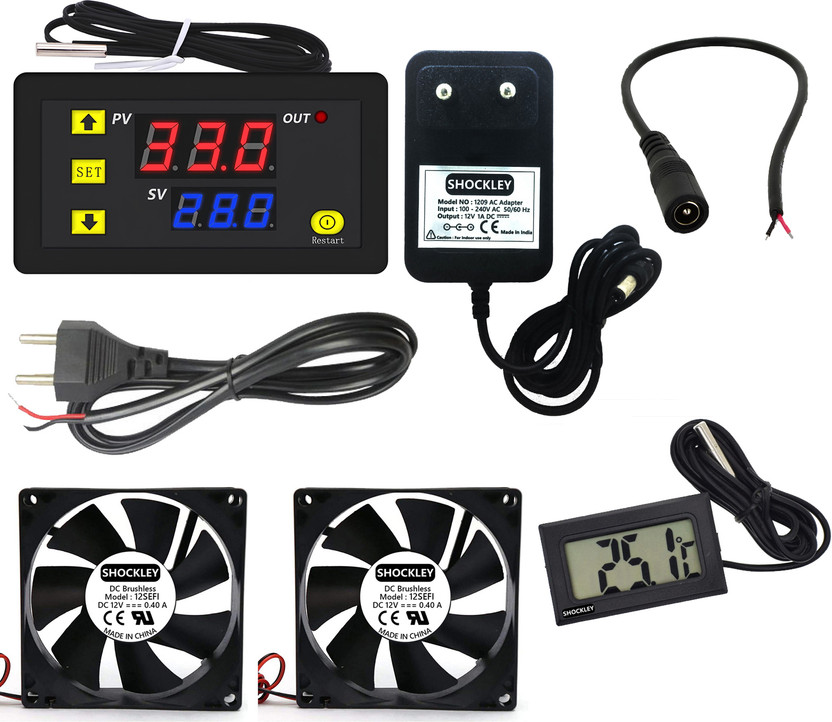 shockley XH-W3230 -50 110c 220V AC Thermostat + 2 FAN + 12V 1 Amp Adaptor + Thermometer Multipurpose Controller