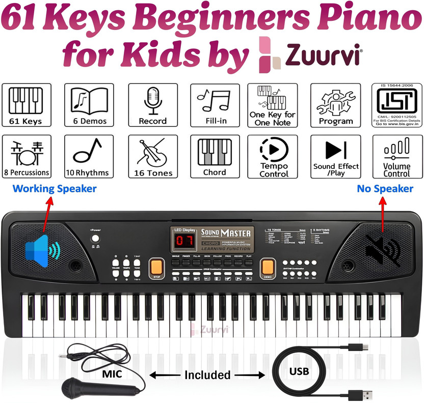 Zuurvi Multifunctional Digital Electronic Musical Piano includes Microphone, USB Power Cable & LED Display with Dual Power Source for Beginners Kids Boys & Girls | Analog Portable Keyboard(61 Keys)