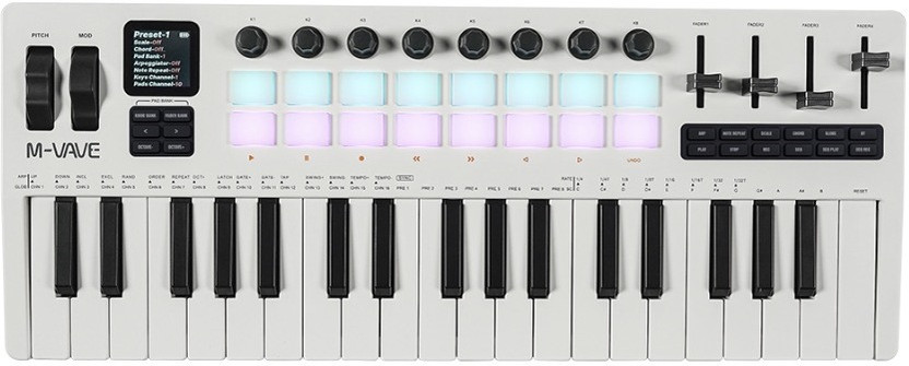 Stig M-VAVE 37-Key MIDI White Keyboard Controller – Velocity-Sensitive Keys, Drum Pads, Knobs & Faders for Music Production, Recording & Performance Analog Portable Keyboard(37 Keys)