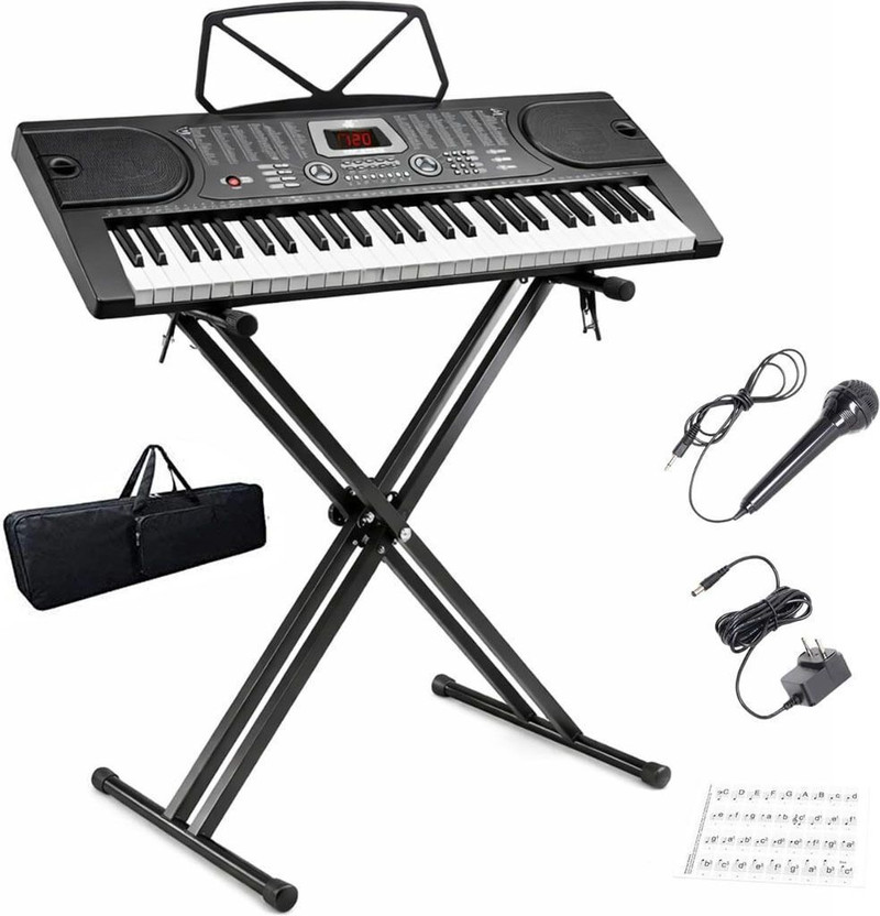 AMG Music 61-Key Electronic Keyboard Piano with Microphone , Double X Stand , Bag Digital Keyboard Piano with Music Sheet Stand |Key Note Stickers and Mic Adapter Digital Digital Piano(61 Keys)
