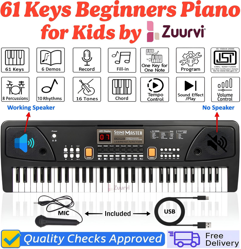 Zuurvi ToyBucket 630A1 Musical Instrument Piano with Mic & Display | Record Function | For Beginners Kids Boys & Girls | Direct DC Power Option with Micro USB Cable | Analog Portable Keyboard(61 Keys)