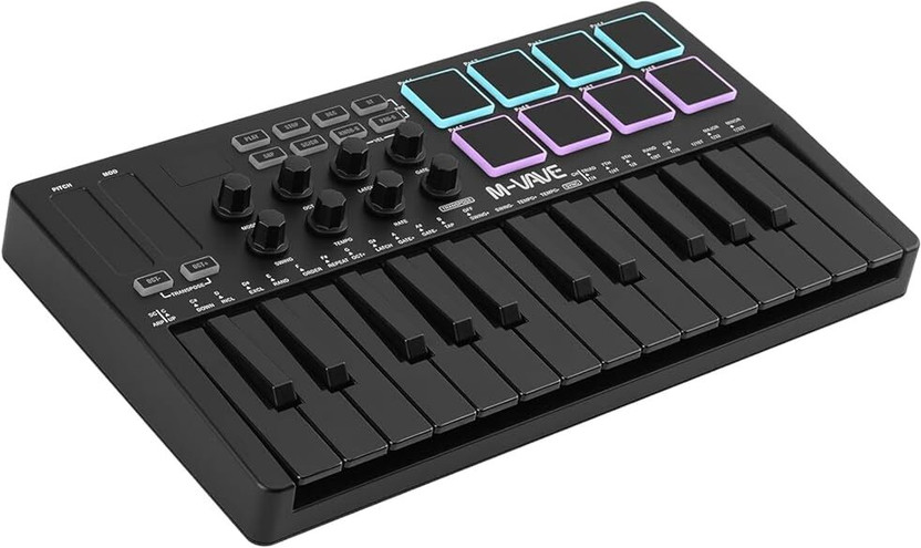 Stig M-WAVE Portable Black MIDI Keyboard Controller – 25-Key with 8Pads & Knobs SMK-25 II Digital Portable Keyboard(25 Keys)